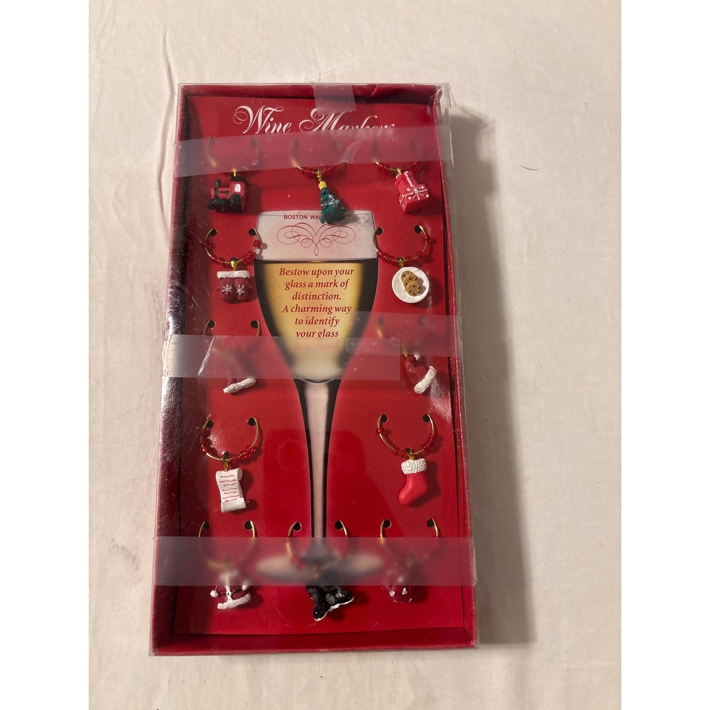 Boston Warehouse Wine Markers Set 12 Christmas Holiday Charms Red NEW Box Wear